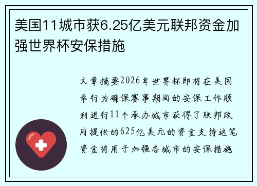 美国11城市获6.25亿美元联邦资金加强世界杯安保措施